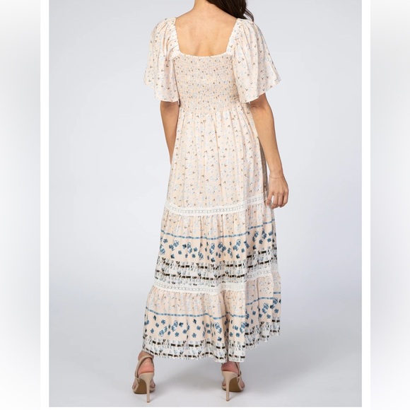 Pink Blush - Cream Printed Smocked Midi Dress - Picture 7 of 8
